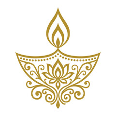 Golden diya with ornate lotus and swirl motifs, radiating layered flame, symbol of light, purity, and festive celebration in Indian culture. Elegant, symmetrical, and decorative.