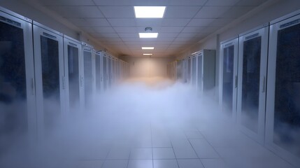 Atmospheric server room corridor with dense mist enveloping rows of computer racks and cooling equipment