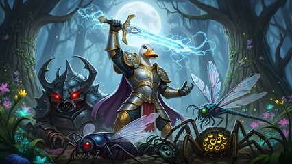 Brave Knight Fighting Insects in Mystical Forest