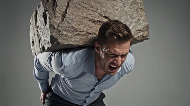 Man Struggles With Heavy Weight, Individual Exerts Strength Under Substantial Pressure, Worker Shows Endurance And Determination While Supporting Significant And Challenging Weight