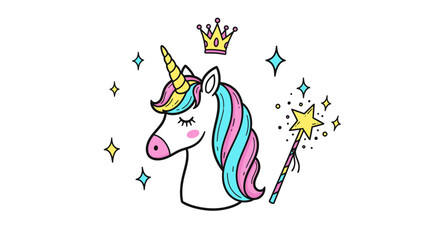 Fototapeta premium A colorful unicorn with a crown and magic wand illustration surrounded by sparkles