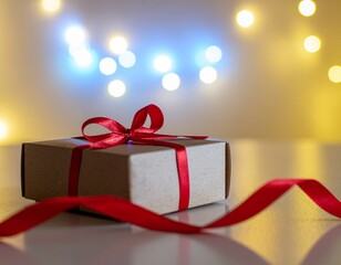 Soft evening light fills the room. A small box of handmade chocolates tied with a red