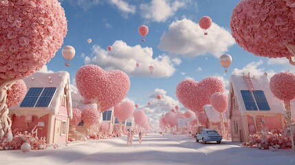 Whimsical street scene with pastel pink houses, heart balloons, and rose trees under a blue sky