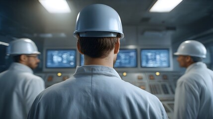 Three technicians in hard hats and lab coats observe complex data on monitors in a futuristic industrial control room
