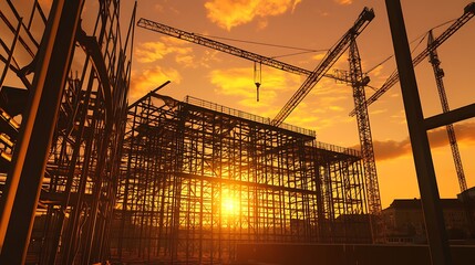 Building under construction with cranes at a city construction site during sunset sky