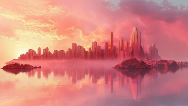 Futuristic city skyscrapers emerging from a misty landscape, reflecting vibrant pink and orange sunset colors across calm water, creating a serene and ethereal utopian atmosphere