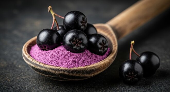 A wooden spoon with black chokeberries and a scoop of chokeberry powder on a dark background.