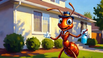 Cartoon Ant Character in a Suburban Yard