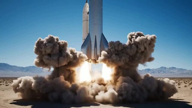 Powerful vertical takeoff rocket ignites powerful engines on a launchpad creating massive plumes of smoke during its initial ascent into space.