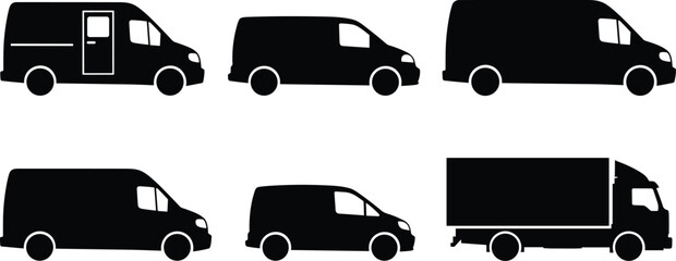 Delivery van silhouettes, cargo truck icons, commercial transport vehicles, black profile illustrations, shipping fleet graphics, logistics symbols, freight transport set © Aminul