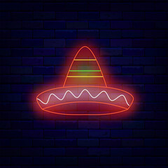 Mexican national hat neon icon. Red wear. Sombrero headwear. Day of the Dead. Cinco de Mayo. Dia de los Muertos. Light banner. Glowing sign. Editable stroke. Vector stock illustration