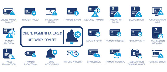 Online payment failure and recovery icon set featuring declined transaction, billing error, payment retry, refund process, chargeback, and gateway notification symbols.