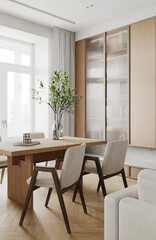 Fototapeta premium Bright dining area with wooden table, upholstered chairs, and floor-to-ceiling windows in a modern minimalist interior.