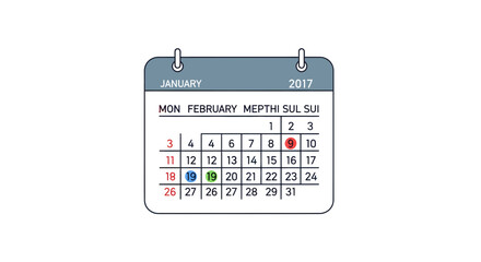 A calendar page for January 2017 displaying February dates isolated on a plain background from a straightforward viewpoint