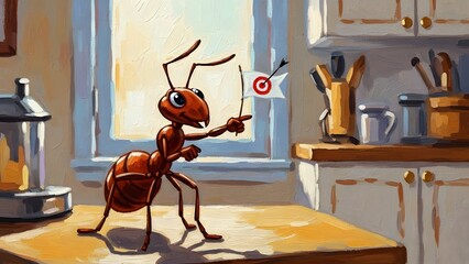 Cartoon Ant Practicing Archery in Kitchen