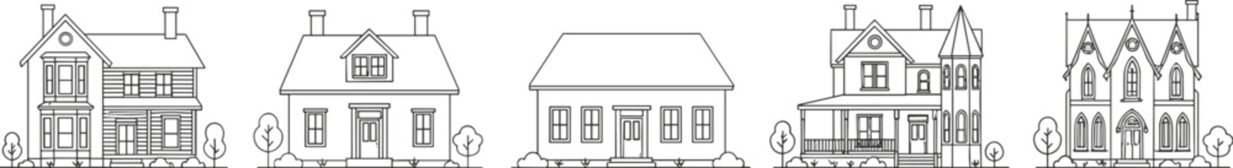 Victorian, Gothic, Queen Anne, traditional, architectural house illustrations, blue line art, stylized trees, vintage homes, design elements, planning © Aminul