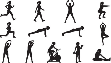 Dynamic collection of black silhouettes showcasing various fitness and exercise routines, perfect for illustrating health, wellness, and active lifestyle concepts