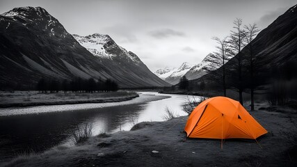 Solo orange tent pitched by mountain river with snowcapped peaks as monochromatic background.