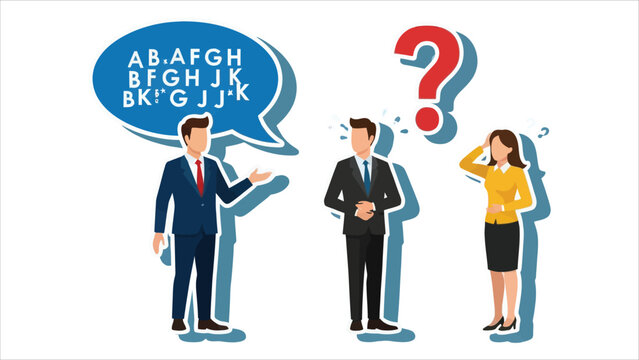 Business people confused by jargon unclear message or communication problem.