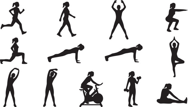 Dynamic collection of black silhouettes showcasing various fitness and exercise routines, perfect for illustrating health, wellness, and active lifestyle concepts