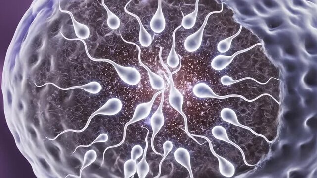 Purple Ovum Overtaken By Multiple Sperm, Cinematic Sequence Showing Many Sperm Heads Contacting Zona And Triggering Cortical Reaction, Inner Cytoplasm Sparkle And Changing Membrane,