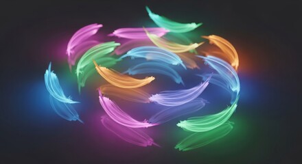 Luminous abstract feathers glowing in a vibrant swirl of colorful light on a dark background
