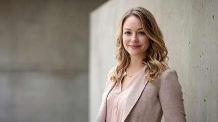 A woman with blonde hair wearing a pink blouse and a beige blazer, standing in front of a concrete wall.