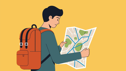 A young man with a backpack carefully examines a folded map, planning his journey and seeking directions for an urban exploration or travel destination, emphasizing discovery and navigation © Randomic Dgitals