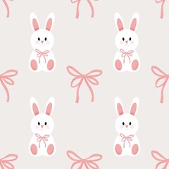 Obraz premium seamless pattern with white bunny and pink bow in pastel colors