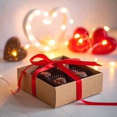 Soft evening light fills the room. A small box of handmade chocolates tied with a red