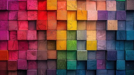 A colorful, abstract cube wall with a rainbow gradient.