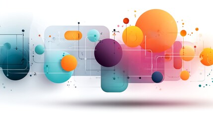 Abstract colorful geometric shapes and lines on white background.