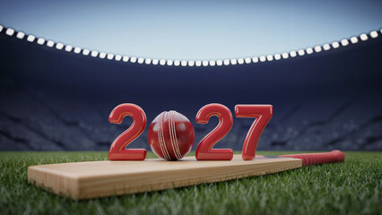 2027 Cricket Season Concept with Red Ball and Bat on Stadium Grass