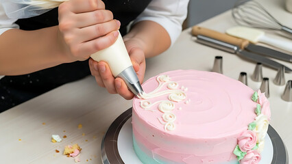 Baker Decorating Cake Close-Up