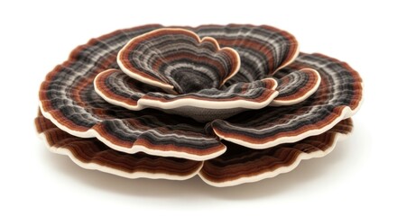 A mushroom with a complex, multi-layered structure, featuring a mix of black, brown, and white colors.