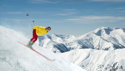 Dynamic composition of fast skier descending snowy alpine slope. Concept of adrenaline sports marketing, winter tourism campaigns, speed performance visuals, risk, and physical power. © Lustre Art Group 
