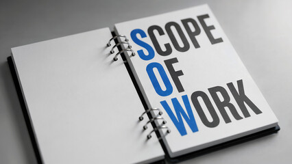 SOW Scope of Work Acronym Text on Open Spiral Notebook
