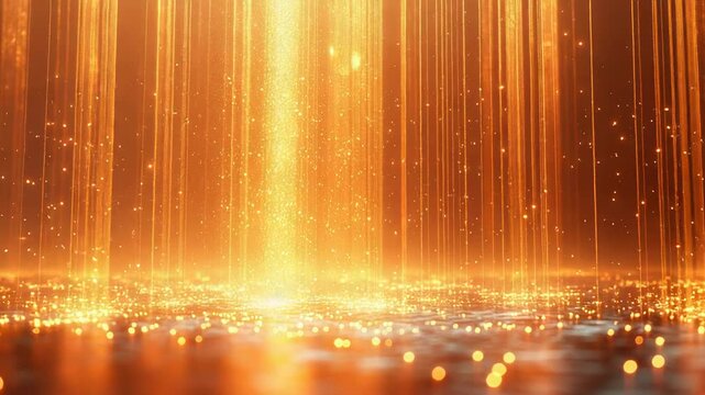 Golden particles and light rays falling over a reflective surface, creating a sparkling and luxurious abstract background concept for celebrations and events