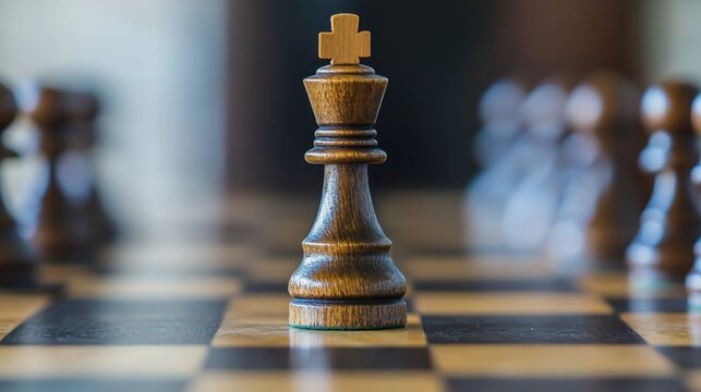 A chess board with a wooden king piece in the center, surrounded by other pieces, on a wooden table with a blurred background.