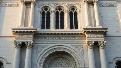 White stone church facade with narrow arched windows and decorative columns