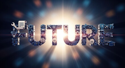 A glowing, colorful word "FUTURE" made up of various tools and symbols, with a bright light shining behind it.