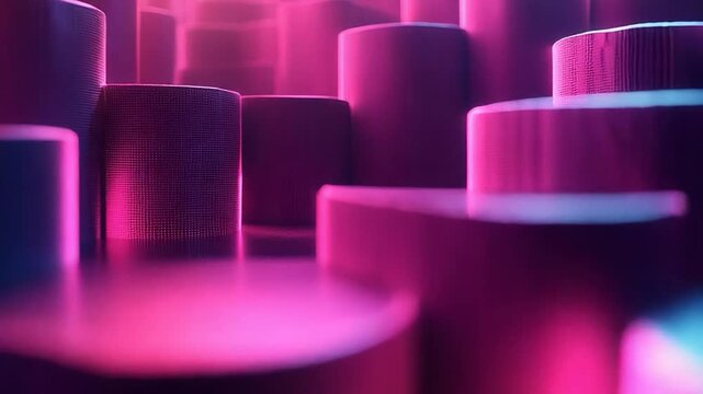 Futuristic 3d landscape of glowing cylindrical columns in varying heights, bathed in vivid magenta and blue neon light, creating a textured, geometric cybernetic background