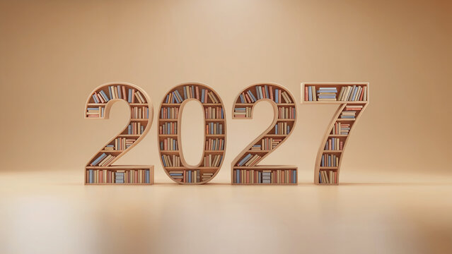 2027 Year Number Made of Wooden Bookshelves Filled with Books for Education Concept