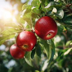 Apple tree in modern orchard with red and green apples hanging densely among vibrant green leaves under natural sunlight with lens flares and symmetry  
