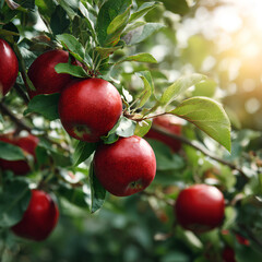 Apple tree in modern orchard with red and green apples hanging densely among vibrant green leaves under natural sunlight with lens flares and symmetry  
