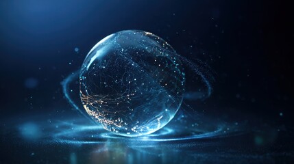 high detail photo of a transparent glass globe centered, glowing data streams and light particles inside, deep navy background with subtle gradient