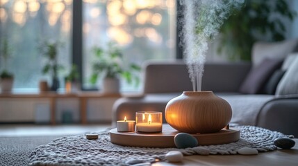 Scented candles and a humidifier on a textile cover create a calm home environment, suitable for promoting products for relaxation and comfort.