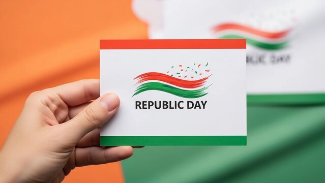 A hand holding a Republic Day card in front of an Indian flag