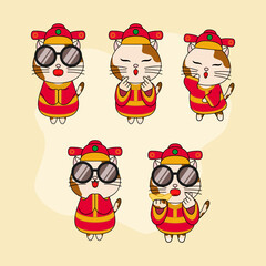 Cheerful cat character in red chinese costume. Vector illustration. EPS 10.