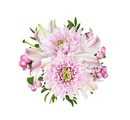 Pink chrysanthemum flowers, lilies and snowberries in a round floral arrangement isolated on white or transparent background. Top view.